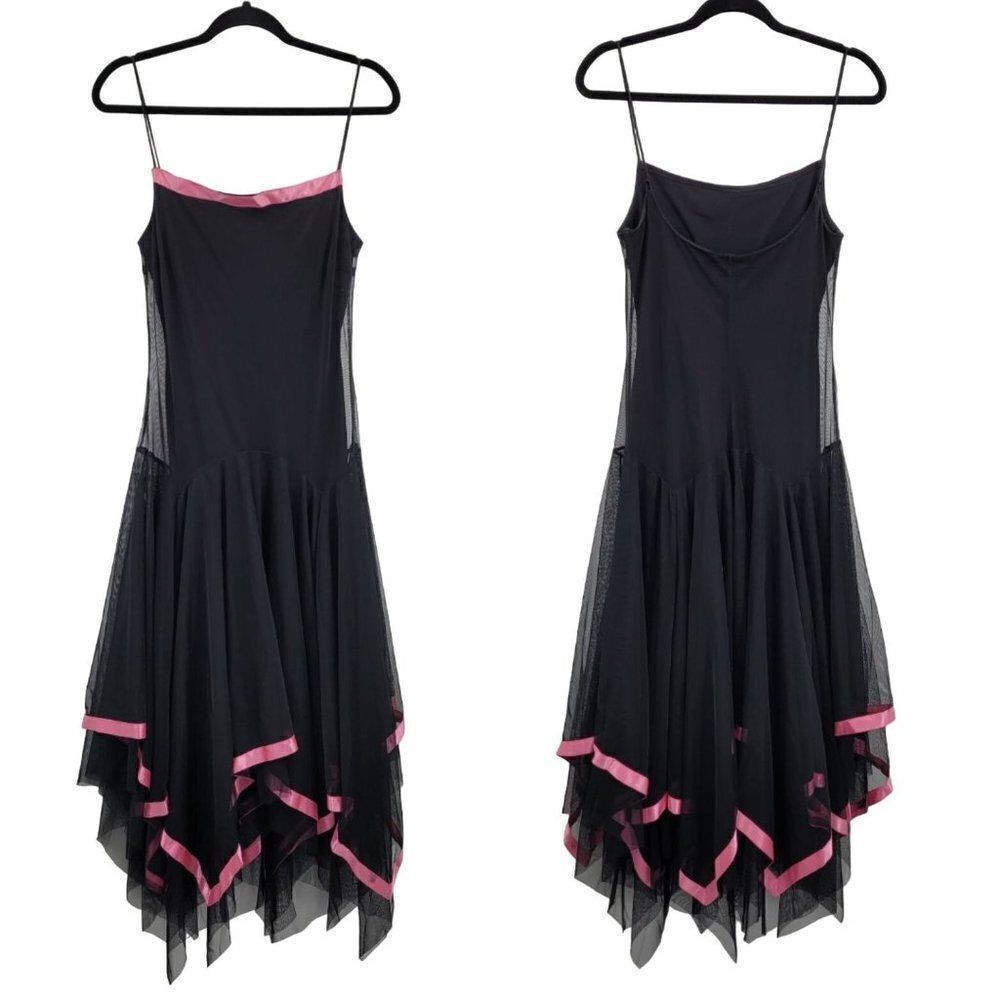 Vintage 90s Midi Dress M Black Mesh Overlay Pink Ribbon Trim Scarf Hem Goth